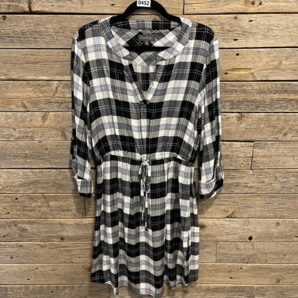 Luxology Women's Plaid Shirt Dress Black‎ And White With Blue Stripes Size 8
